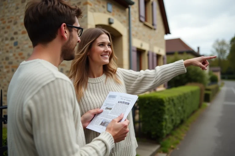 Couple devant une maison à vendre entre particuliers sans agence immobilière
