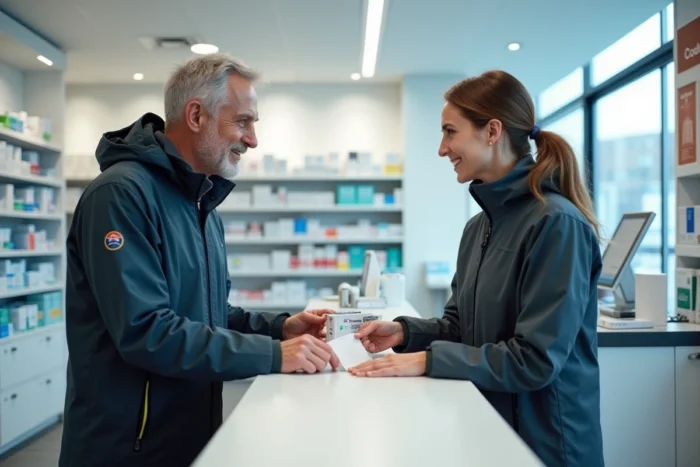 Voyageur achetant du paracétamol dans une pharmacie norvégienne en discutant avec un pharmacien