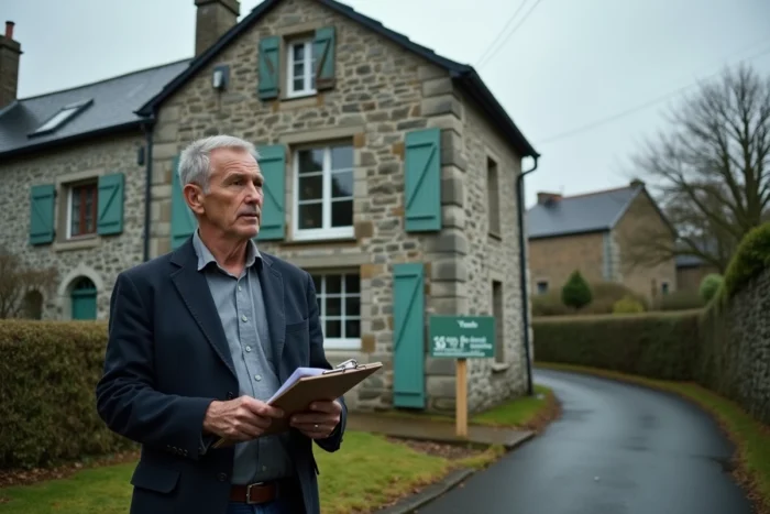 Agent immobilier devant une maison bretonne en pierre à vendre dans le 29, tenant un dossier avec une expression préoccupée