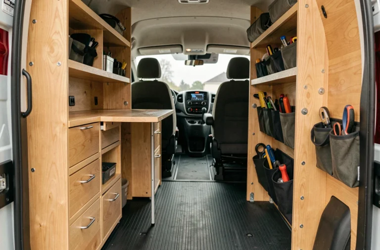 Aménagement intérieur compact d'un Renault Trafic avec étagères en bois et établi rabattable pour optimiser l'espace de chargement