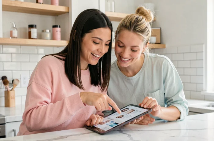 Deux amies souriantes qui consultent ensemble des tendances beauté et des produits cosmétiques sur une tablette dans une cuisine moderne
