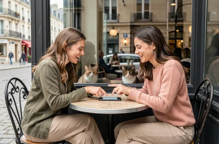 Deux amies partageant l'application Aplouf autour d'un café en terrasse avec des chats visibles derrière la vitrine