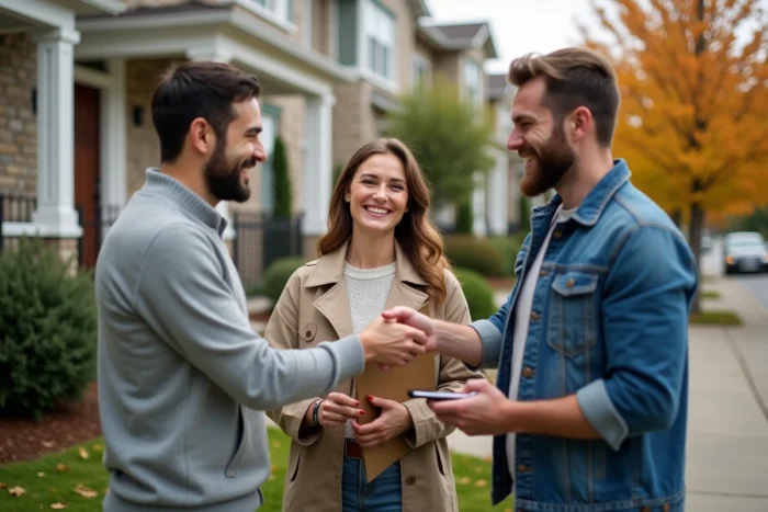 Trois amis célébrant l'achat d'un bien immobilier en groupe devant un immeuble résidentiel avec clés et documents