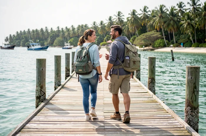 Deux amis voyageurs marchant sur un ponton en bois au-dessus d'une eau turquoise dans une destination tropicale authentique