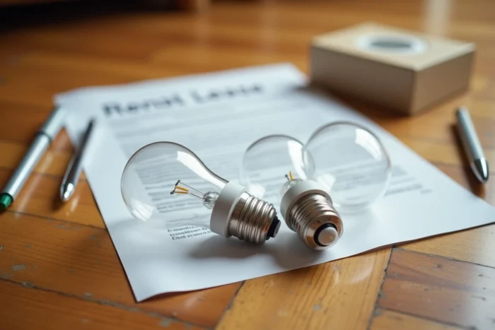 Ampoules posées à côté d'un contrat de location sur un parquet rayé avant un déménagement