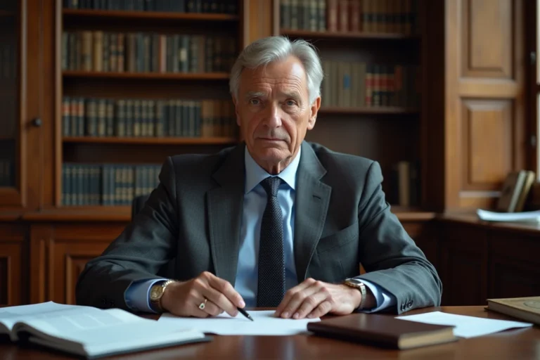 Homme d'affaires français discret assis à un bureau en bois dans un bureau parisien classique, illustrant le parcours professionnel d'André-Louis Auzière