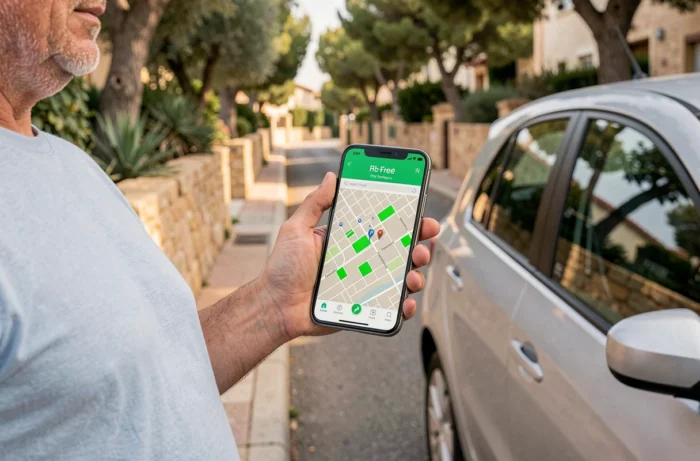 Homme consultant une application de parking gratuit sur smartphone à Arcachon à côté de sa voiture garée