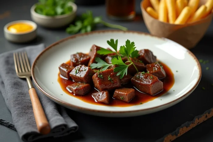 Assiette de carbonnade flamande servie avec des frites maison et de la moutarde, photographiée en gros plan sur ardoise sombre