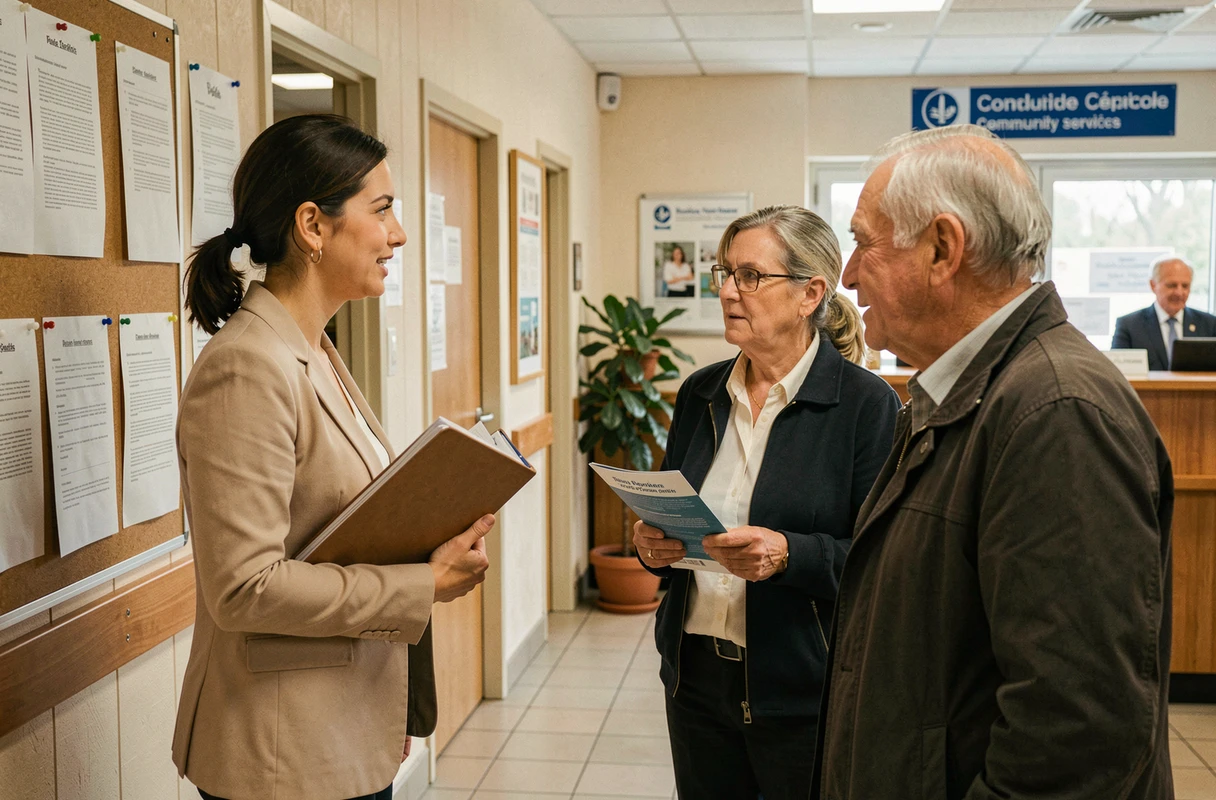 Assistante sociale expliquant les tarifs ADMR 2026 à un couple de retraités dans un centre de services