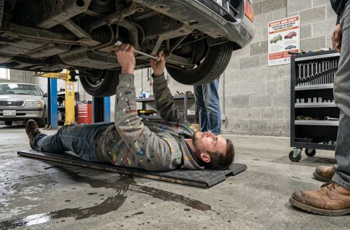 Jeune homme réparant le dessous d'une voiture dans un atelier de garage solidaire