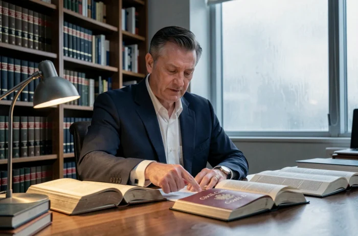 Avocat spécialisé en droit de la famille consultant le Code civil dans son cabinet pour expliquer l'article 237 sur le divorce