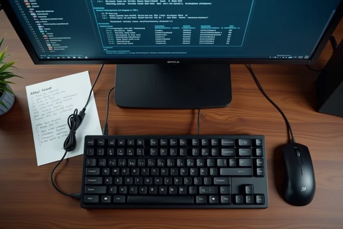 Vue de dessus d'un bureau avec clavier mécanique et écran affichant les paramètres de configuration des serveurs eMule