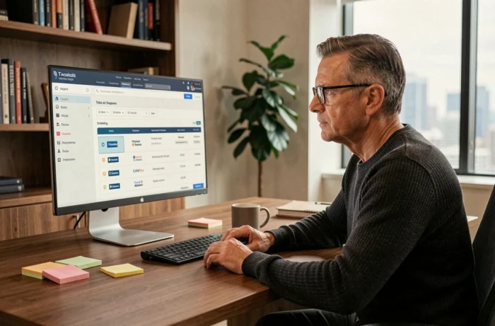 Cadre masculin concentré configurant une plateforme d'automatisation des emails B2B sur un grand écran dans un bureau privé