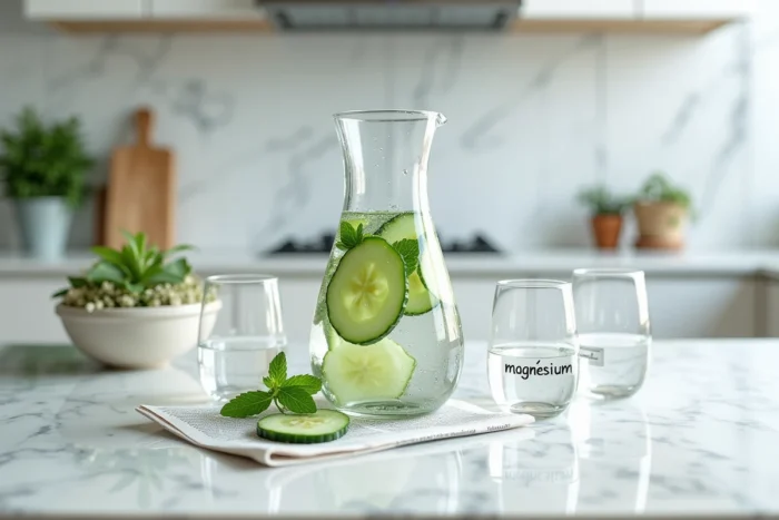 Carafe d'eau minérale avec concombre et menthe pour favoriser la circulation sanguine et réduire les varices