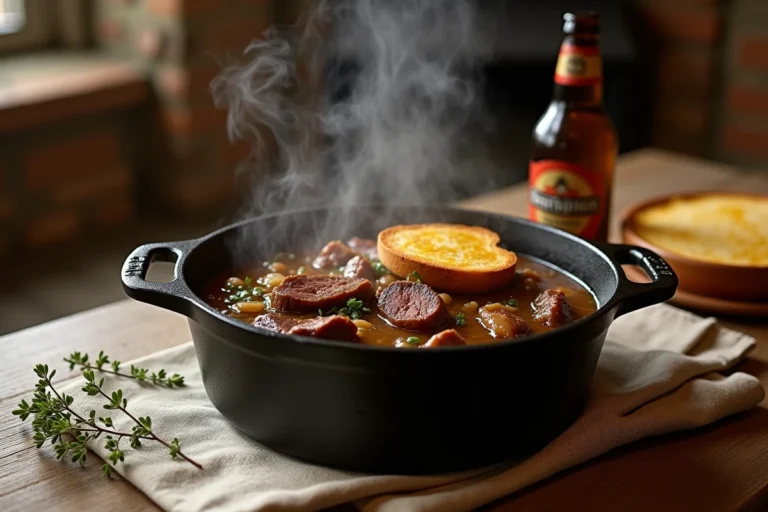 Cocotte en fonte remplie de carbonnade flamande ch'ti mijotée à la bière brune, posée sur une table en bois rustique dans une cuisine flamande traditionnelle