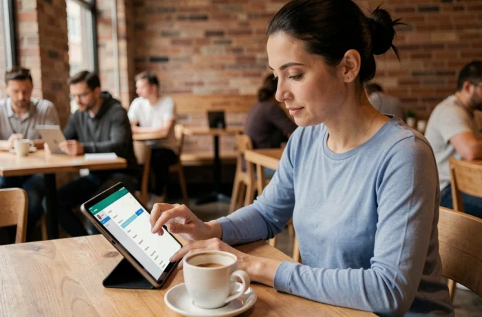 Femme modifiant les paramètres de son compte Supercell ID sur une tablette dans un café moderne