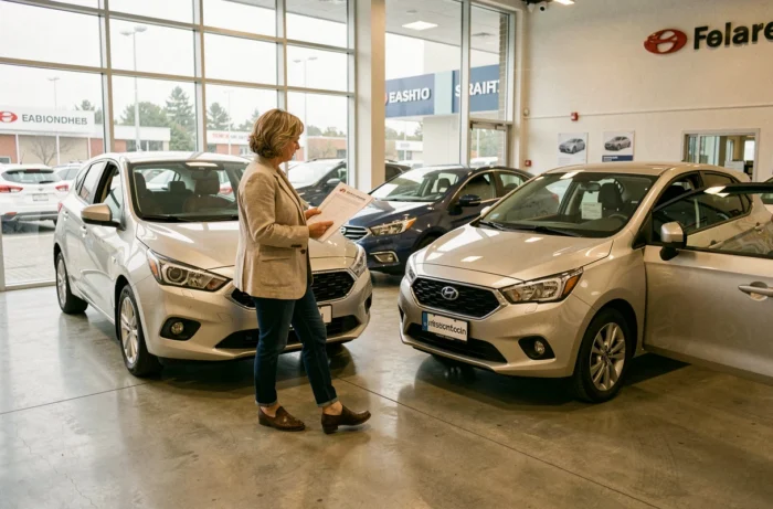 Femme comparant deux voitures dans une concession automobile moderne avec une liste de critères