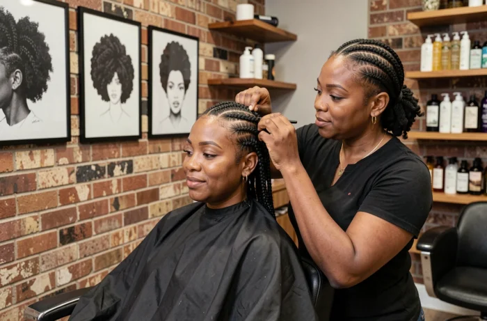Coiffeuse spécialisée réalisant des tresses africaines sans rajout sur cheveux afro courts en salon de coiffure naturelle
