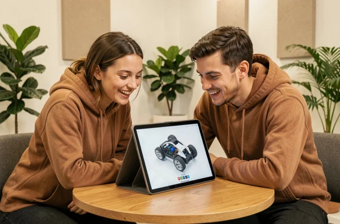 Deux jeunes professionnels collaborant autour d'une tablette intelligente affichant un prototype 3D dans un espace de travail moderne