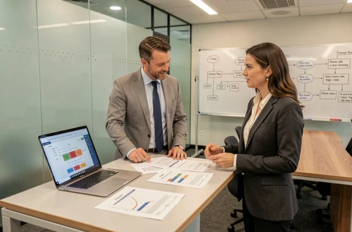 Deux collègues discutant de l'optimisation des échanges électroniques B2B autour de schémas de workflow dans une salle de réunion moderne