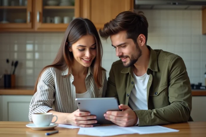 Deux étudiants colocataires simulant le montant des APL sur une tablette dans leur cuisine