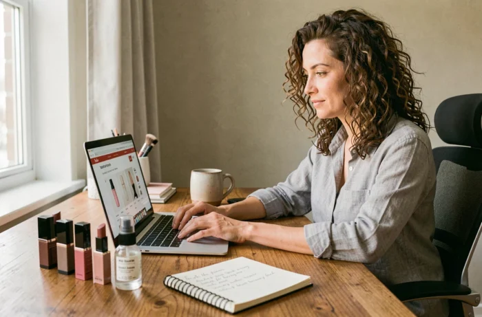 Femme aux cheveux bouclés comparant des produits de beauté sur un ordinateur portable à son bureau avec des cosmétiques posés devant elle