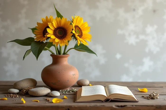 Composition rustique avec tournesols, journal et pierres naturelles sur table en bois, atmosphère spirituelle et symbolique
