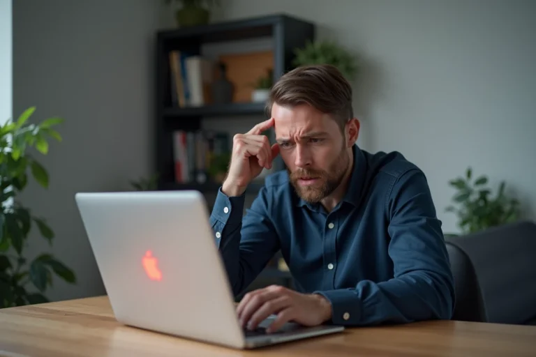 Homme frustré regardant une erreur de compte refusé sur son ordinateur portable dans un bureau à domicile
