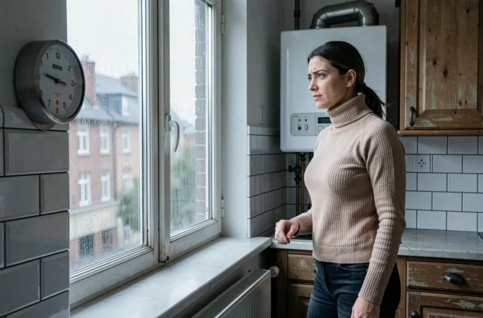 Femme observant un hygromètre dans une cuisine d'appartement bruxellois avec condensation sur les fenêtres