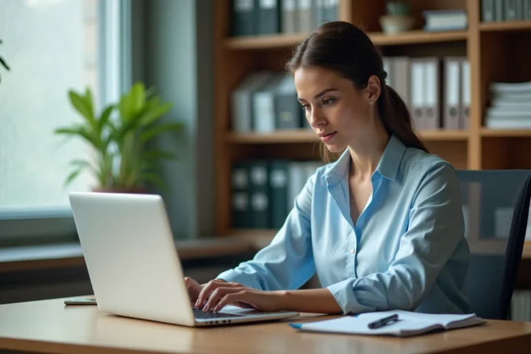 Enseignante configurant sa boite mail académique de l'académie de Rouen sur un ordinateur portable dans un bureau universitaire