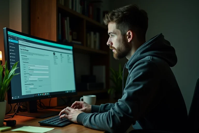 Homme configurant eMule sur un ordinateur de bureau dans un bureau à domicile encombré