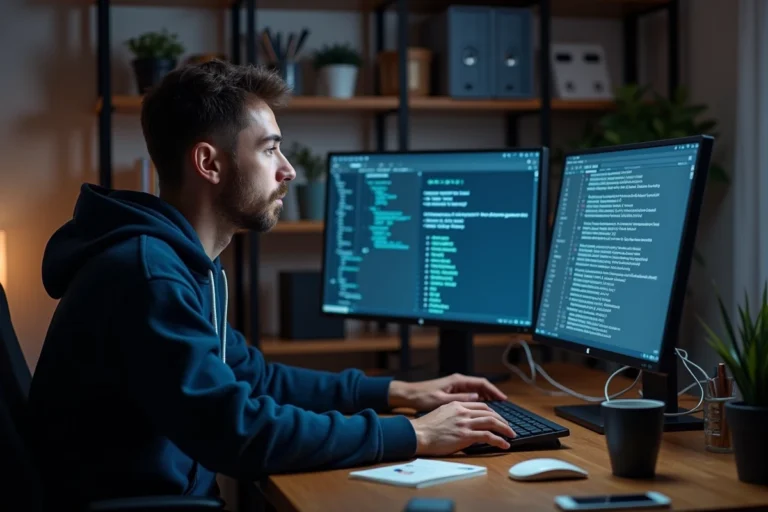 Homme configurant les serveurs eMule sur un PC de bureau avec double moniteur dans un bureau à domicile