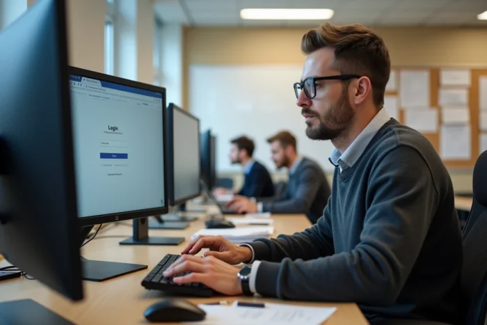 Professeur en train de se connecter à sa messagerie académique Rouen sur un poste informatique en salle des professeurs