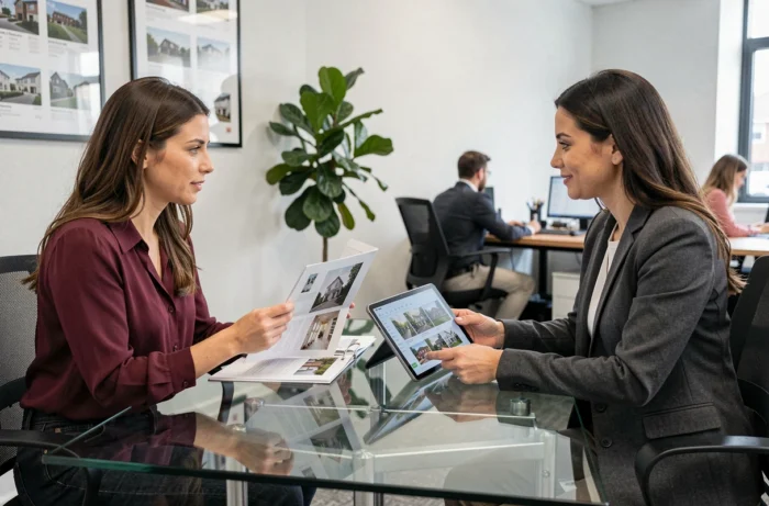 Deux femmes discutant d'un projet d'investissement immobilier dans une agence, représentant les conseils pratiques pour acheter un bien