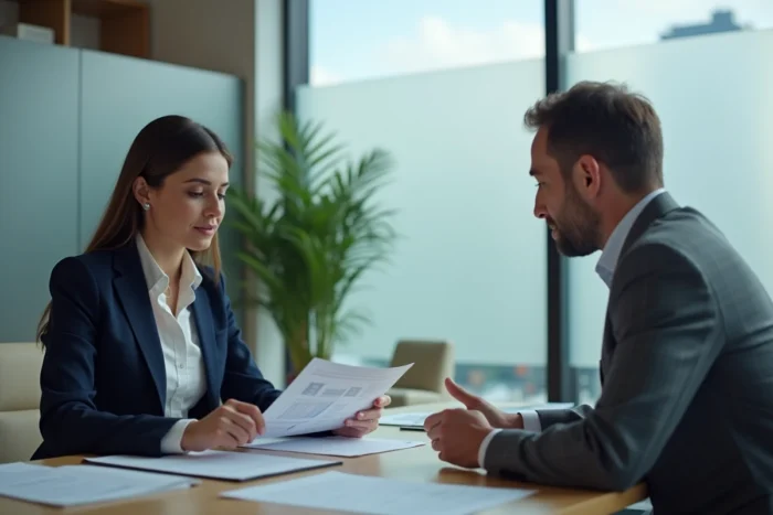 Une femme professionnelle en réunion avec un conseiller bancaire pour obtenir un prêt immobilier collectif