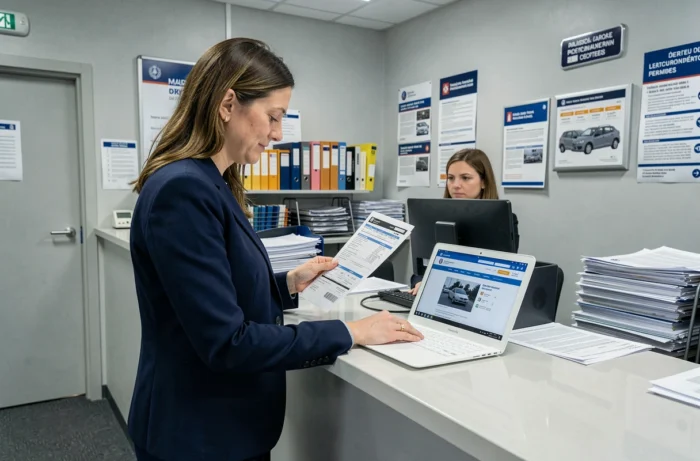Femme consultant des documents d'immatriculation à la préfecture pour vérifier le statut RSV de son véhicule