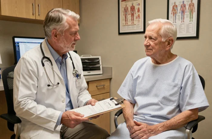Médecin gériatre expliquant les enjeux d'une transfusion sanguine à un patient senior masculin lors d'une consultation médicale