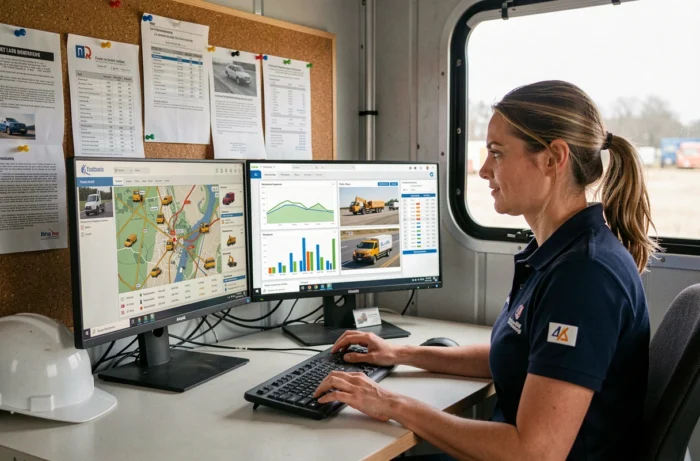 Coordinatrice logistique BTP gérant un logiciel de suivi de flotte de chantier sur double écran dans un bureau de site