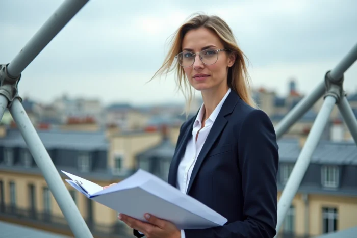 Coordinatrice événementielle supervisant le montage d'un chapiteau sur une terrasse parisienne