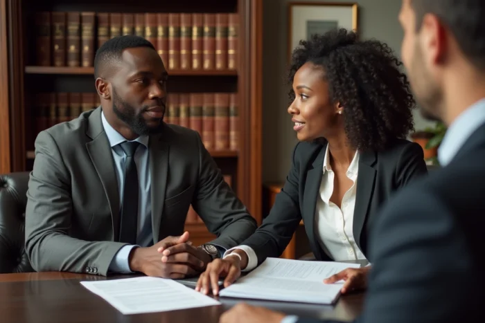 Couple en consultation juridique dans un cabinet d'avocat français pour régulariser un mariage en situation d'OQTF