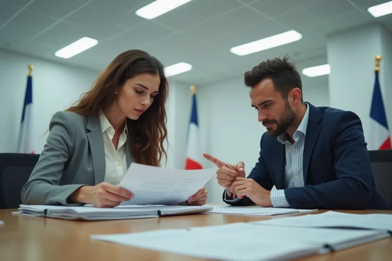 Couple étranger consultant des documents administratifs dans un bureau officiel français pour une demande de mariage malgré une OQTF