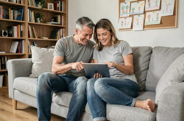 Couple en famille consultant des annonces gratuites sur une tablette numérique dans leur salon