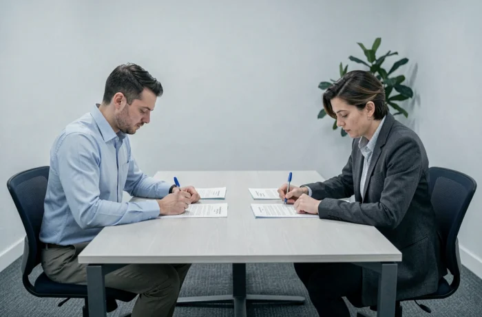 Couple séparé face à face lors d'une séance de médiation familiale dans le cadre d'une procédure de divorce pour altération définitive du lien conjugal