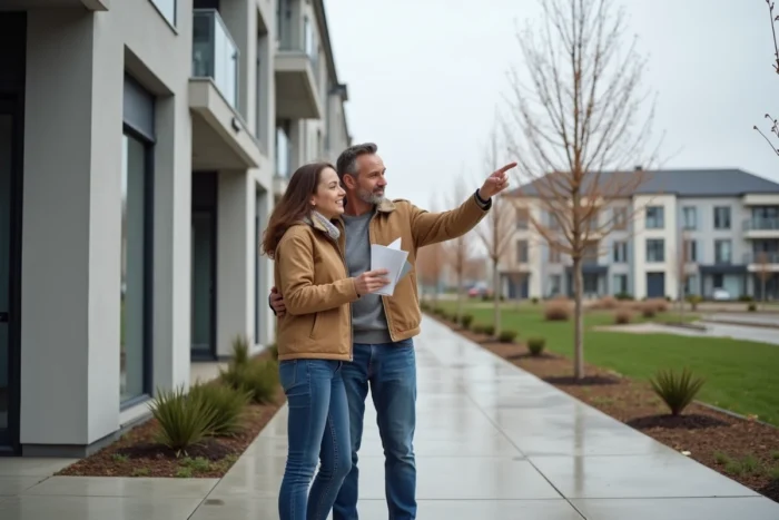 Couple évaluant un programme immobilier neuf dans une résidence moderne en banlieue française