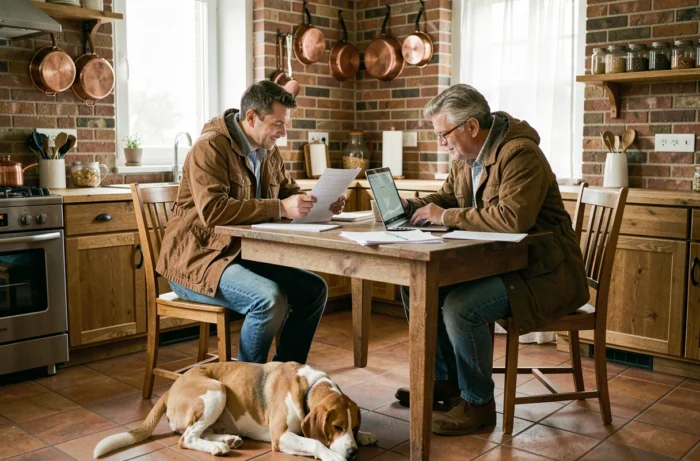 Couple consultant des documents d'assurance pour animaux sur un ordinateur portable à la maison, avec leur chien beagle couché à leurs pieds dans une cuisine chaleureuse