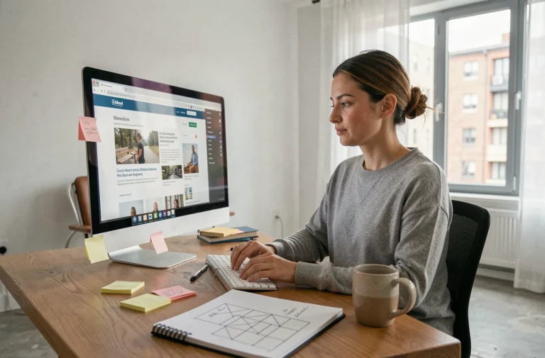 Femme développeuse web travaillant sur la conception d'un site internet à son bureau moderne avec écran et esquisses de wireframes