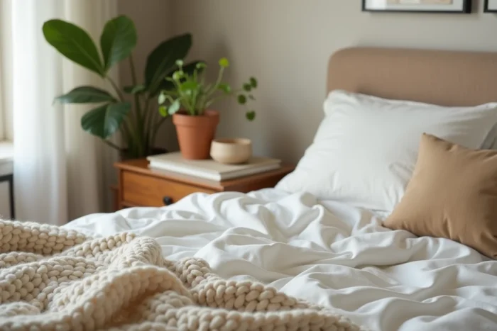 Table de chevet en bois avec plante pothos, bougeoir en céramique et plaid en tricot épais dans une chambre cosy aux tons neutres