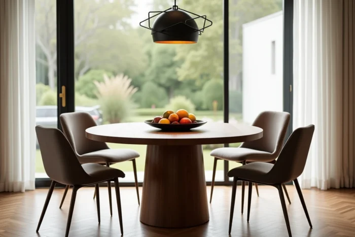 Salle à manger moderne avec table en noyer, chaises en velours taupe et suspension géométrique noire au-dessus de la table