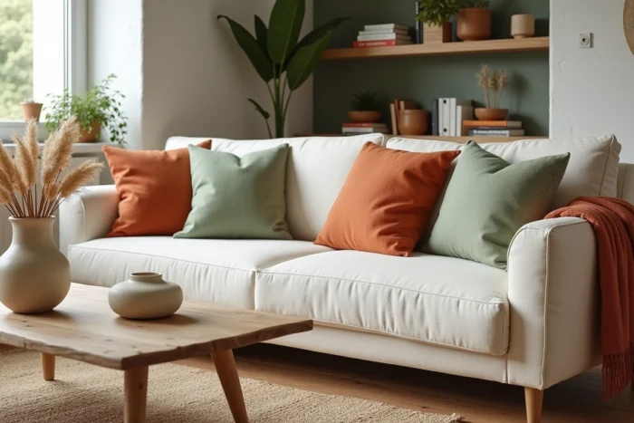 Salon de style scandinave avec canapé en lin crème, coussins en terre cuite et herbes de la pampa dans un vase en céramique