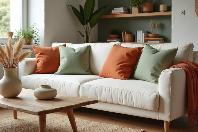 Salon de style scandinave avec canapé en lin crème, coussins en terre cuite et herbes de la pampa dans un vase en céramique